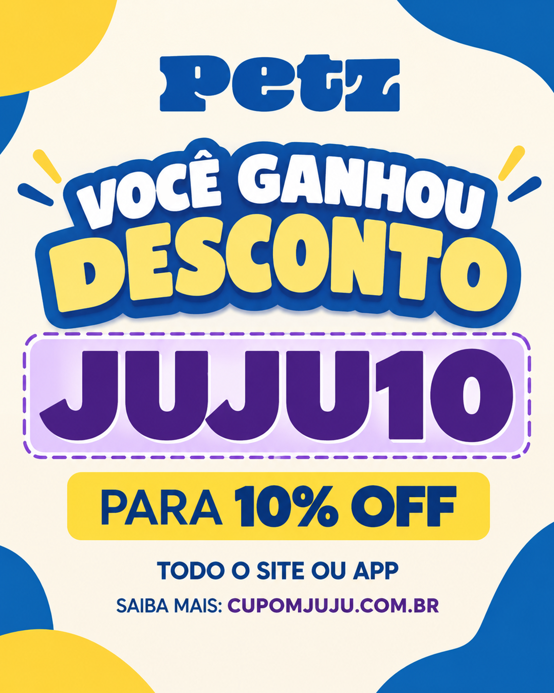 Arte com JUJU10 roxo e mensagem de desconto em azul e amarelo