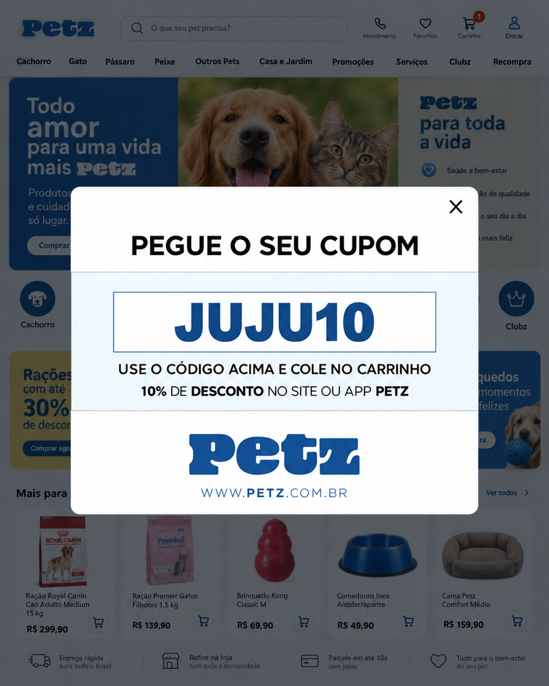 Janela de cupom JUJU10 sobre captura do site Petz